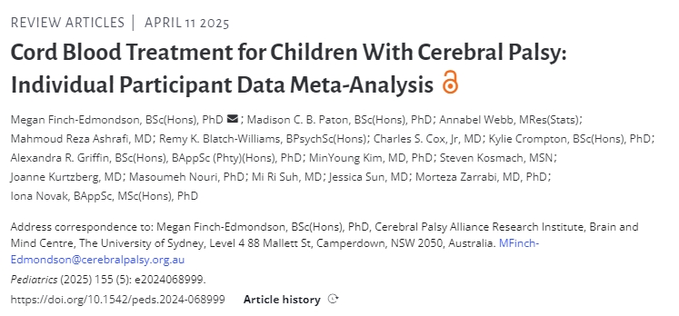 腦癱兒童臍帶血細(xì)胞治療：個(gè)體參與者數(shù)據(jù)薈萃分析